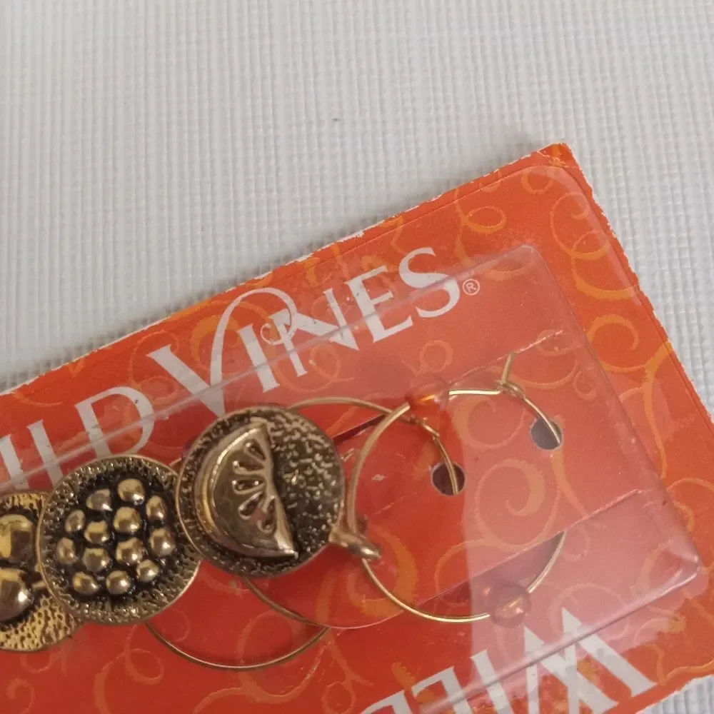 Wild Vines Gold Toned Metal Round Fruit Charms Wine Glass Stem Markers Set of 3